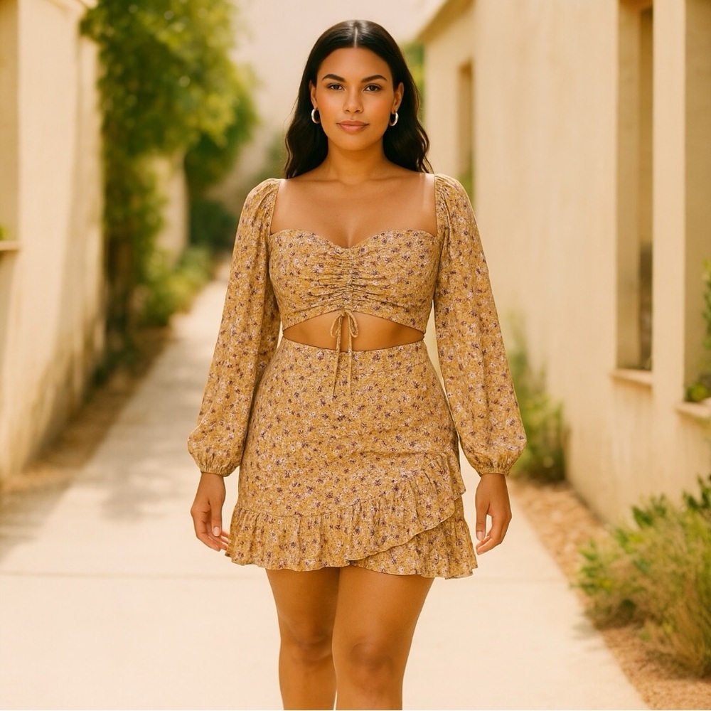 Floral Cutout Mini Dress Puff Sleeve Boho Summer Vacation Dress Size 12 NWT